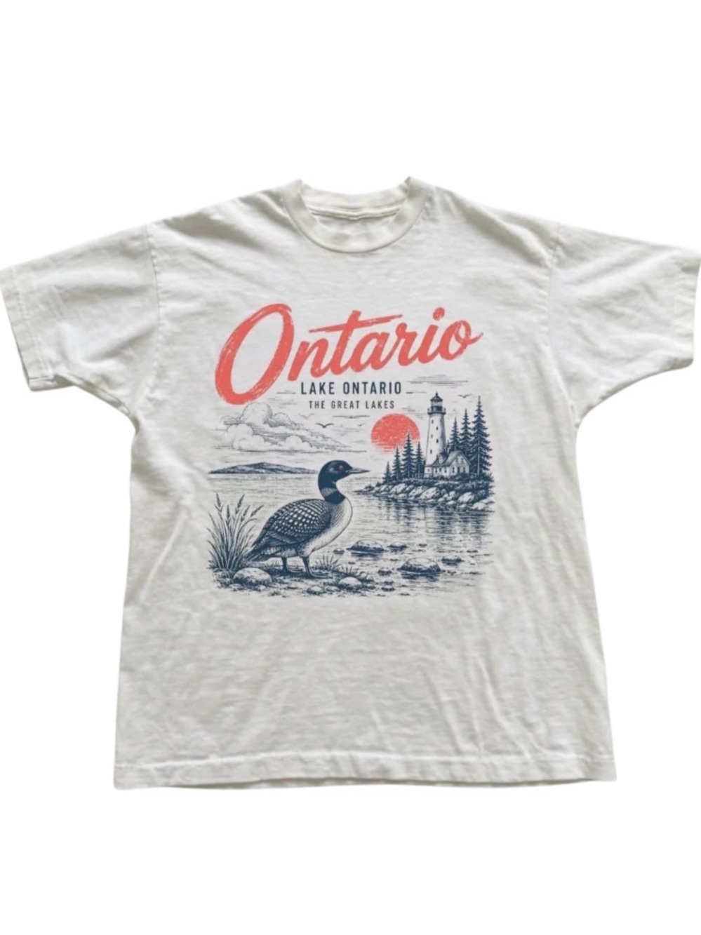 White Short Sleeve Tee with Coral & Navy Ontario Lake Graphic